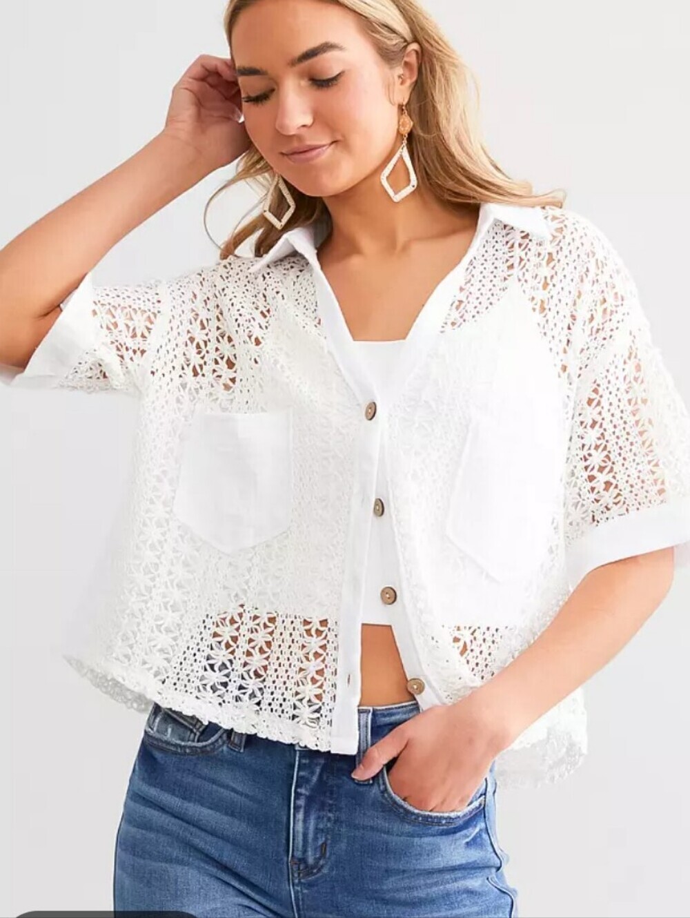 12th Tribe White Open-Knit Boxy Crochet Button-Up Blouse